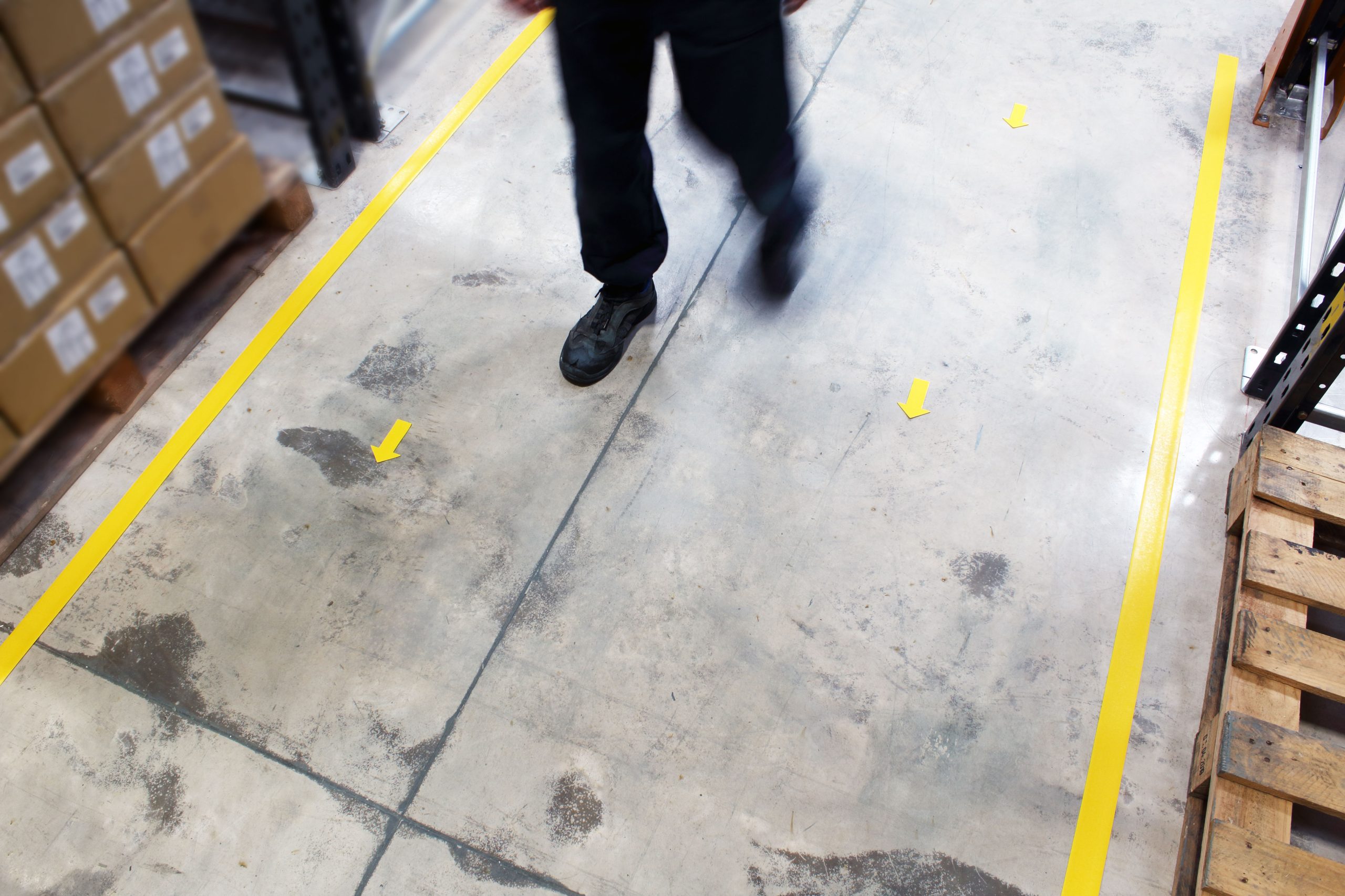 one-way-aisle-3|H6901 TL1138 Arrow|PermaRoute-Boundary-3|Small_Arrow_White|H6905 PermaLean Die Cut Directional Markers|H6905 PermaLean Die Cut Arrow|Forklift_situ_bw_3